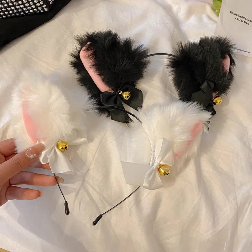 Plush Lace Cat Ears Bell Headband for Women Korean Style Elegant Fashion Girl Hair Band Party Cosplay