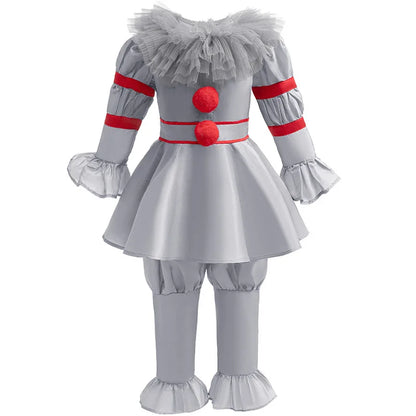 Kids Scary Joker Pennywise Cosplay Costume Horror Ghost Movie It Puff Sleeve Tulle Collar Top With Pants For Halloween Carnival