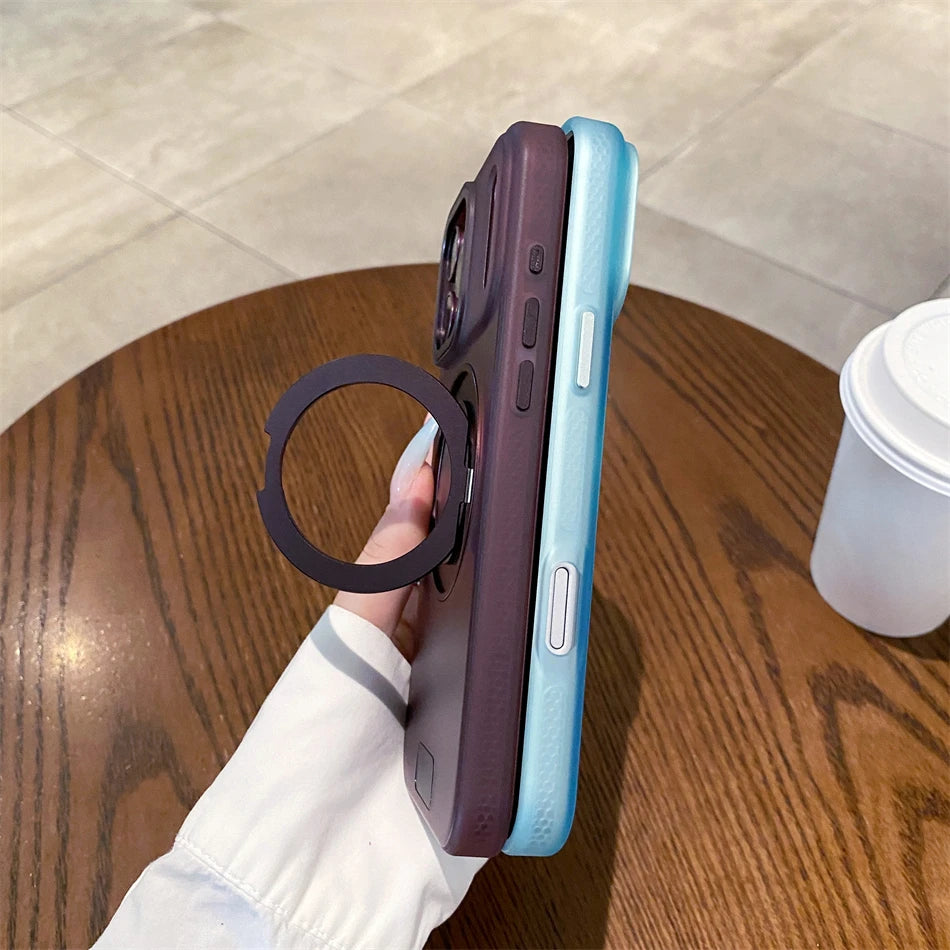 Luxury 360 Rotating Magnetic Stain-resistant Case For iPhone 17 18 Pro Max Shockproof TPU Hybrid PC For Magsafe Stand Cover
