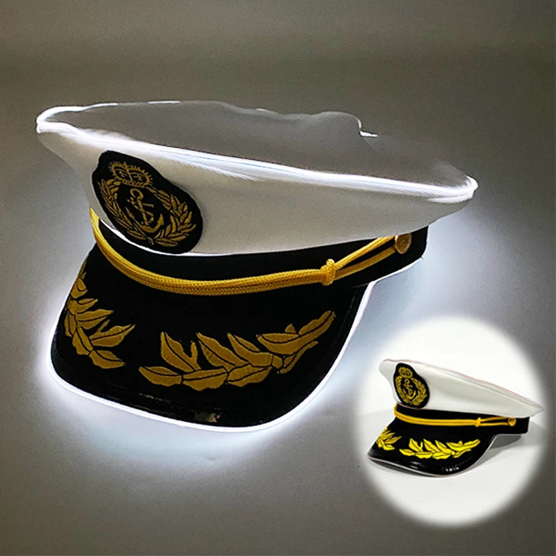 Cool White Military Hats with  Glowing LED Light Adult Navy Hat Yacht Cap Skipper  Sailor Captain Halloween Cosplay DJ Decor