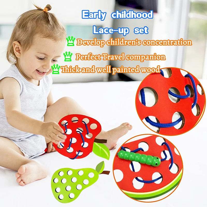 Wooden Lacing Toy Educational Fruits Threading Activity Puzzles Learning Fine Motor Skill Car Travel Toy Set for Toddlers Kids