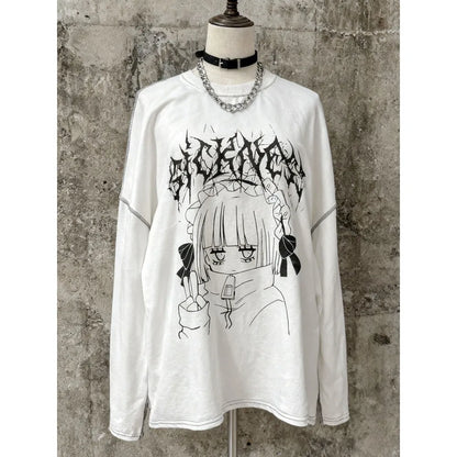 2000s American Vintage Gothic Black Women T-shirts Punk Style Graphic Grunge Tshirts Harajuku Y2k Long Sleeve Tops Streetwear