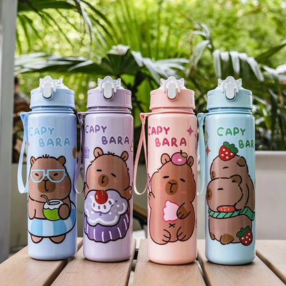 750ml/26oz Cute Cartoon Plastic Water Bottle with Straw Multi-Style Selection for Outdoor Sports Travel Camping Festive Parties