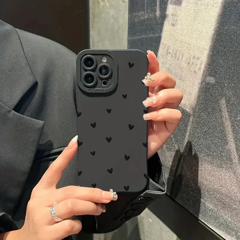 Black Love Heart Phone Case For iPhone 18 17 16 14 15 13 12 11 Pro Max X XR XS 7 8 15 16 Plus SE Shockproof Silicone Soft Cover
