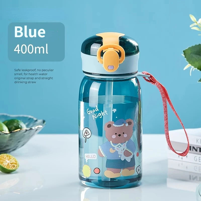 Cartoon teddy bear children's plastic cup, portable for school, outdoor, with rope, one click open cover, summer straw water cup