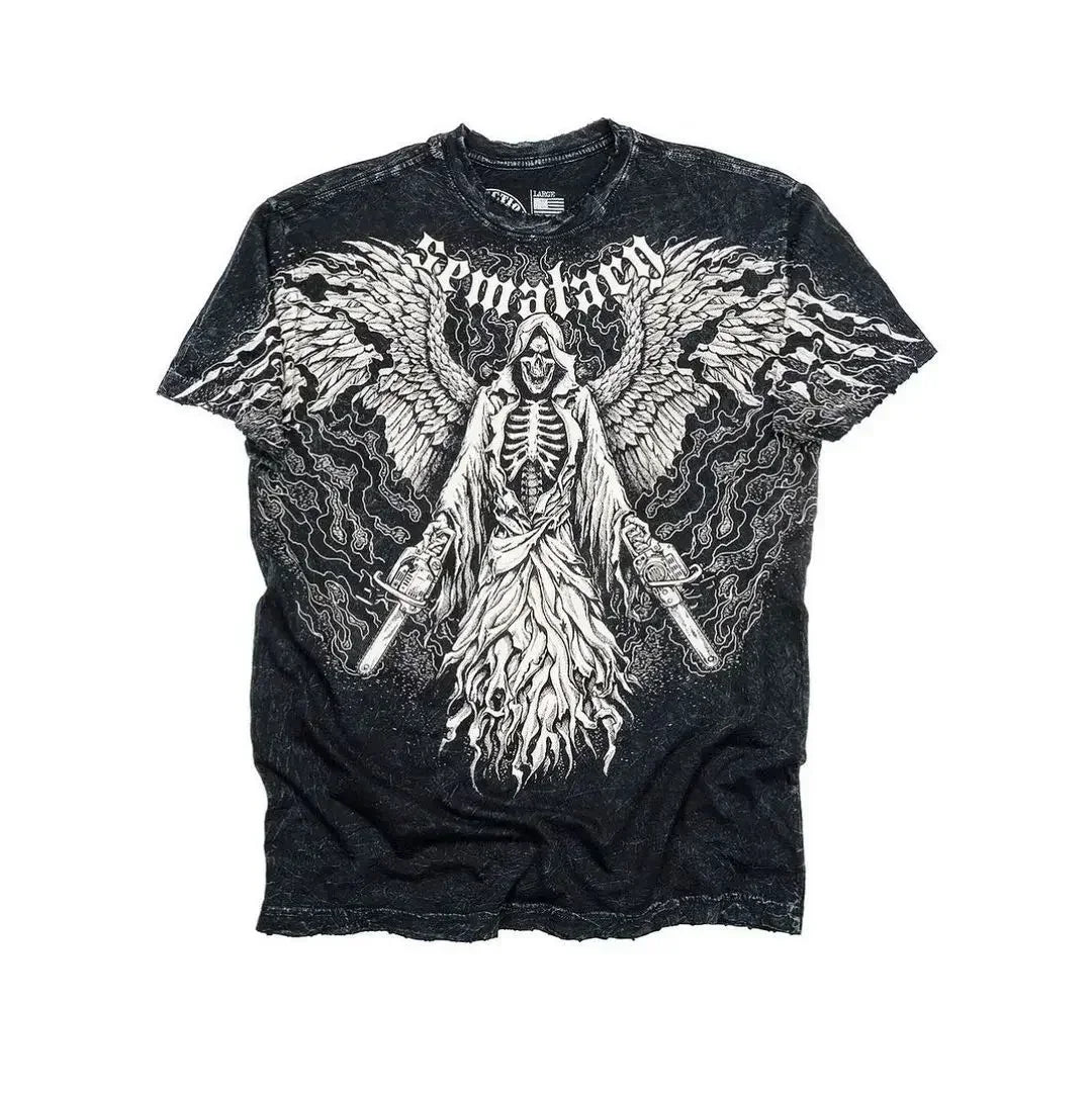 Retro Blue Gothic Pattern Printed Hip Hop Street Fashion Y2K Plus Size T shirt Round Neck Short Sleeve Women Couple Couple Top