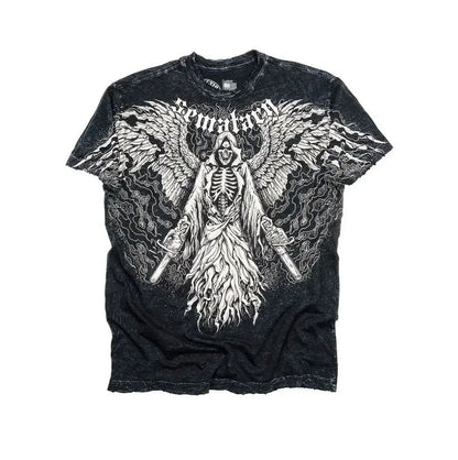 Retro Blue Gothic Pattern Printed Hip Hop Street Fashion Y2K Plus Size T shirt Round Neck Short Sleeve Women Couple Couple Top