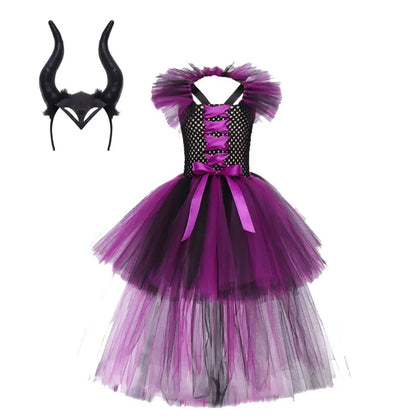 Halloween Girls Deluxe Purple Trailing Mesh Dress Kids Evil Queen Witch Cosplay Costume for Carnival Party Fancy Dress Up