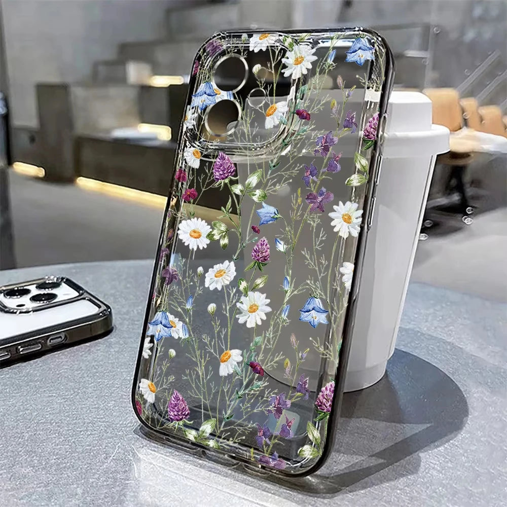 Flower Phone Case For iPhone 17 16 18 Pro Max 13 14 12 11 15 Pro Max 16e Air 7 Plus SE Shockproof Transparent Cover Soft Funda