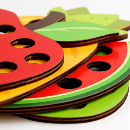 Wooden Lacing Toy Educational Fruits Threading Activity Puzzles Learning Fine Motor Skill Car Travel Toy Set for Toddlers Kids