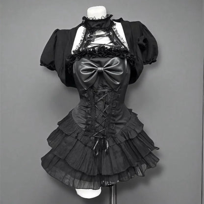 Japanese E-girl Gothic Vintage Dress Women Half High Neck Short Sleeve Bow Lace Mini Dress Cinch Waist Sweet Spicy Black Dress