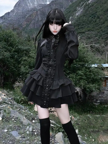 Gothic Vintage Lace Y2k Mini Dress Women Design Streetwear Black Lolita Slim Dress Long Sleeve Elegant Dress Spicy Girls