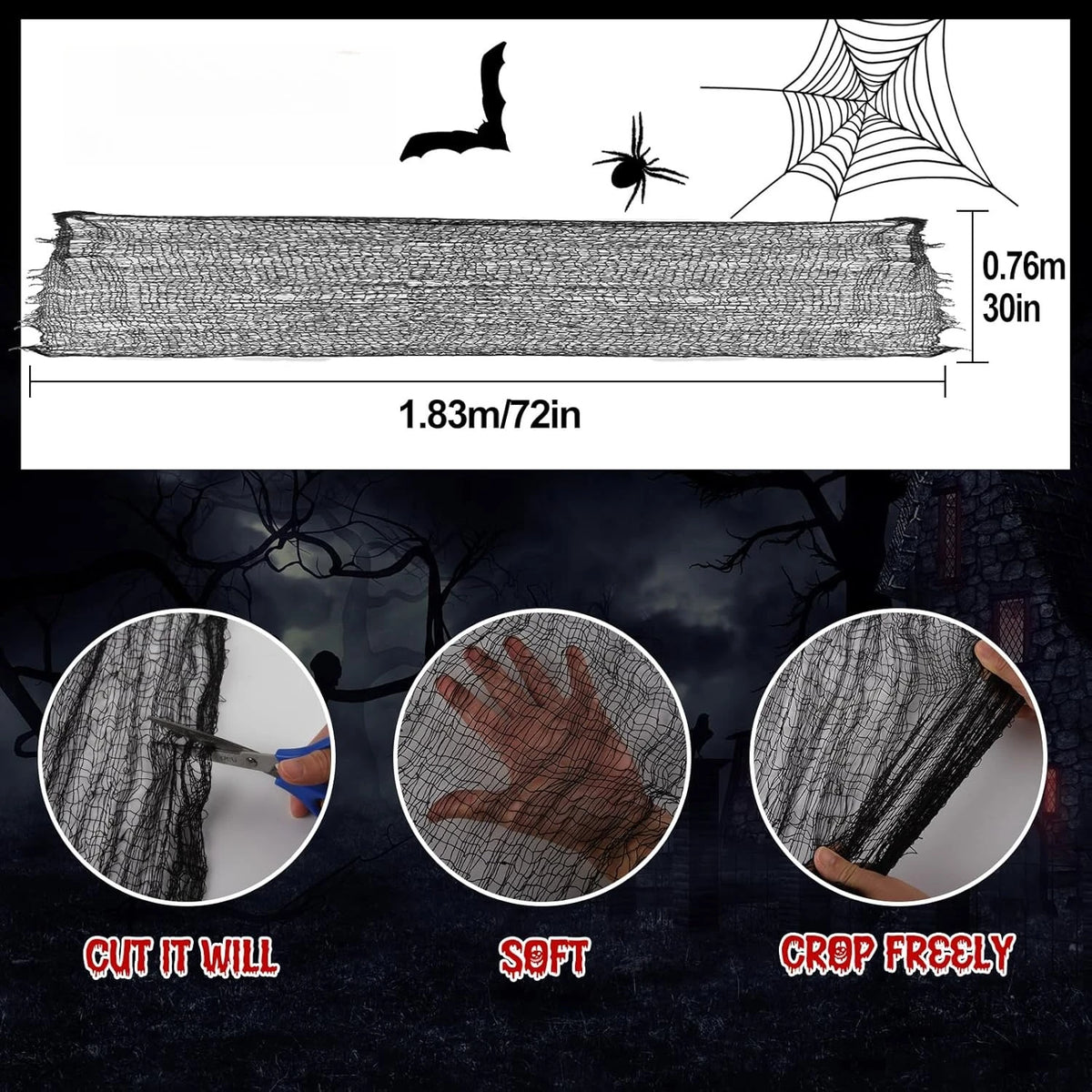 Spooky Halloween Fabric Decor -  Terror Gauze for Outdoor Scenes, Haunted Porch & Window Dressings