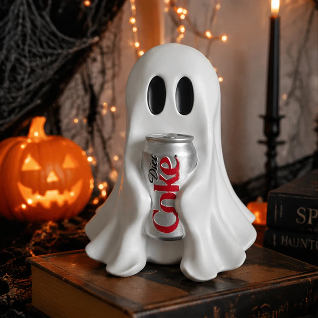 Ghost Holding Soda Can Resin Statue, Spooky Ghost Drink Holder Figurine, Halloween Desktop Ornament,Funny Ghost Table Home Decor
