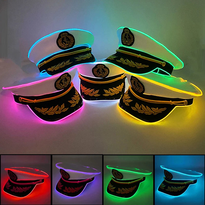 Cool White Military Hats with  Glowing LED Light Adult Navy Hat Yacht Cap Skipper  Sailor Captain Halloween Cosplay DJ Decor