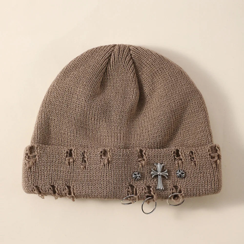 New Unisex Knitted Beanie With Devil Horns Halloween Distressed Skull Cap Hip Hop Winter Warm Yarn Hat For Men Women