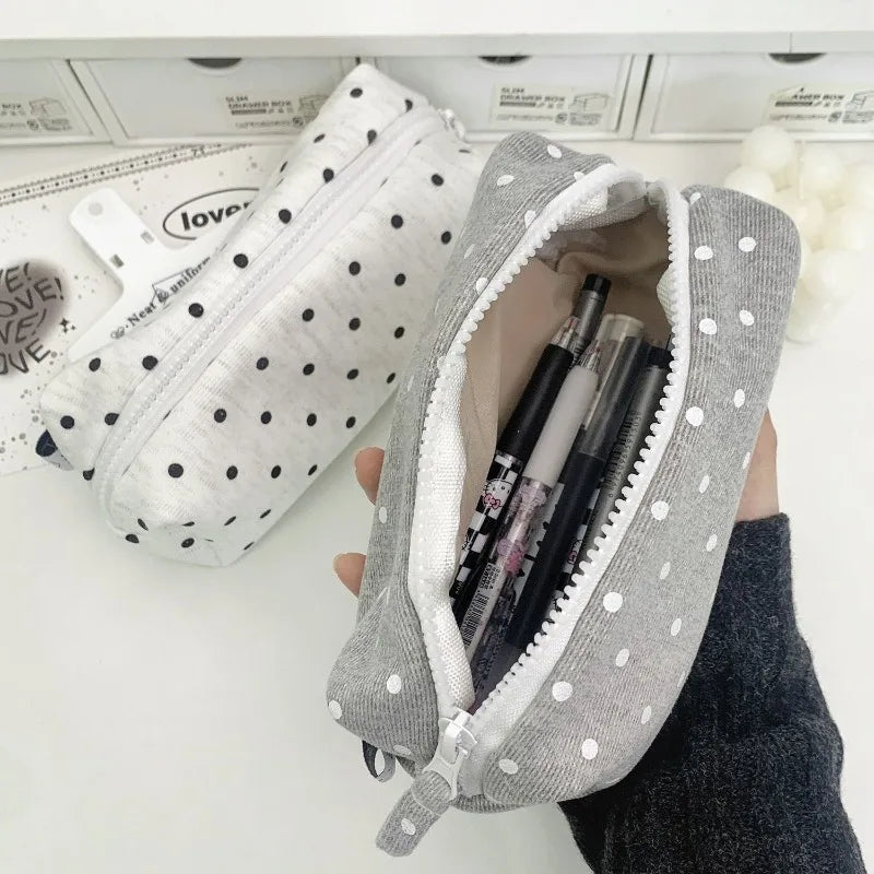 Portable Fabric Pencil Bag for Students Ins Korean Style Dot Pencil Case Large Capacity Fashion Stationery Organizer Makeup Bag