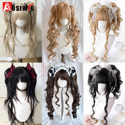 Synthetic Princess Cut Double Ponytail Lolita Wig with Bangs Girl Ombre Blonde Brown White Gray Cosplay Halloween Harajuku Wig