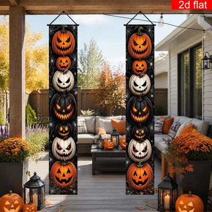 Halloween Porch Vertical Banner Set Scary Jack O Lantern Pumpkin Spider Web Hanging Sign for Outdoor Halloween Party Decor