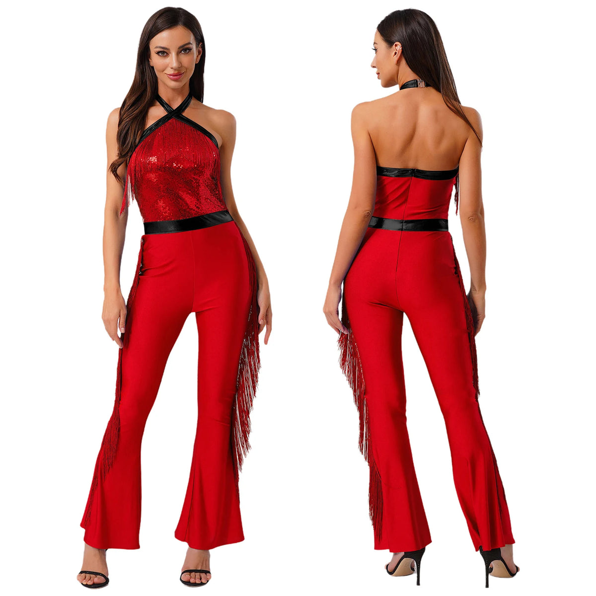 Women 70-80s Disco Latin Jazz Dance Cha-cha Bodysuit Shiny Sequin Tassel Jumpsuit Halloween Carnival Cosplay Performance Costume