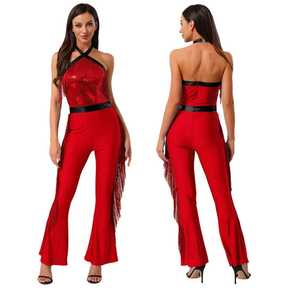 Women 70-80s Disco Latin Jazz Dance Cha-cha Bodysuit Shiny Sequin Tassel Jumpsuit Halloween Carnival Cosplay Performance Costume