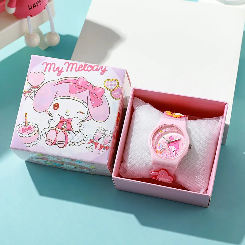 3D Hello Kitty Children Watches with box Cinnamoroll Kuromi Melody Girls Watch Anime Action Figures Model Toys Kid Clock Gift