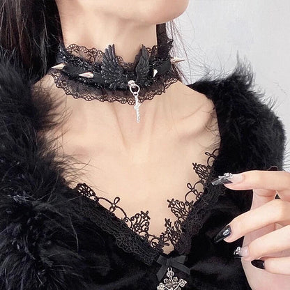 Y2K Women Sequins Wings Cross Spike Charms Adjustable Chain Necklaces Goth Vintage Accessories Halloween Cosplay Party Jewelry