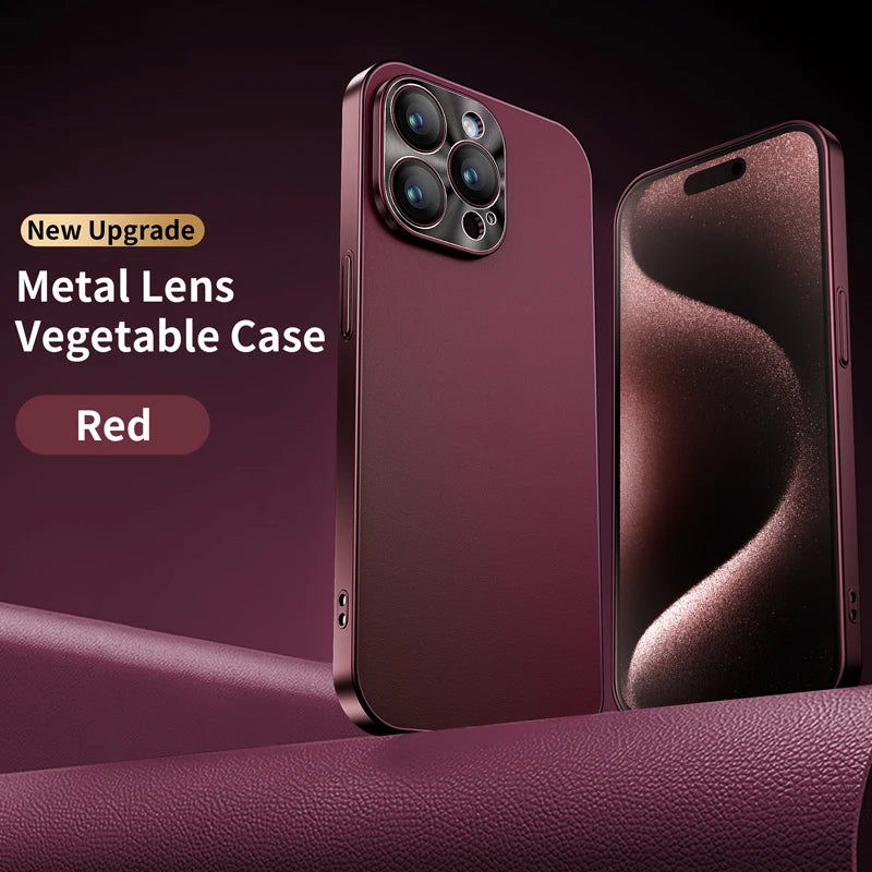 New Luxury Plating Border Solid Color Leather Shockproof Phone Case For iPhone 16 Pro Max 14 12 13 15 Pro Max Bumper Back Cover