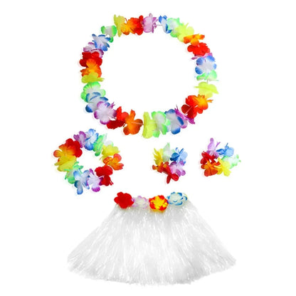 Hawaiian Dance Child Skirt with Leis Costume, Elastic Luau Grass, Hawaiian Flower Bracelets, Headband, Necklace, 40cm, 5pcs 6Pcs