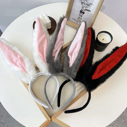 1PCFurry Bunny Ears Headband, Grey&Pink Plush Rabbit Ear Hair Hoop, Cosplay Costume Accessory For Halloween Party Hair For Women