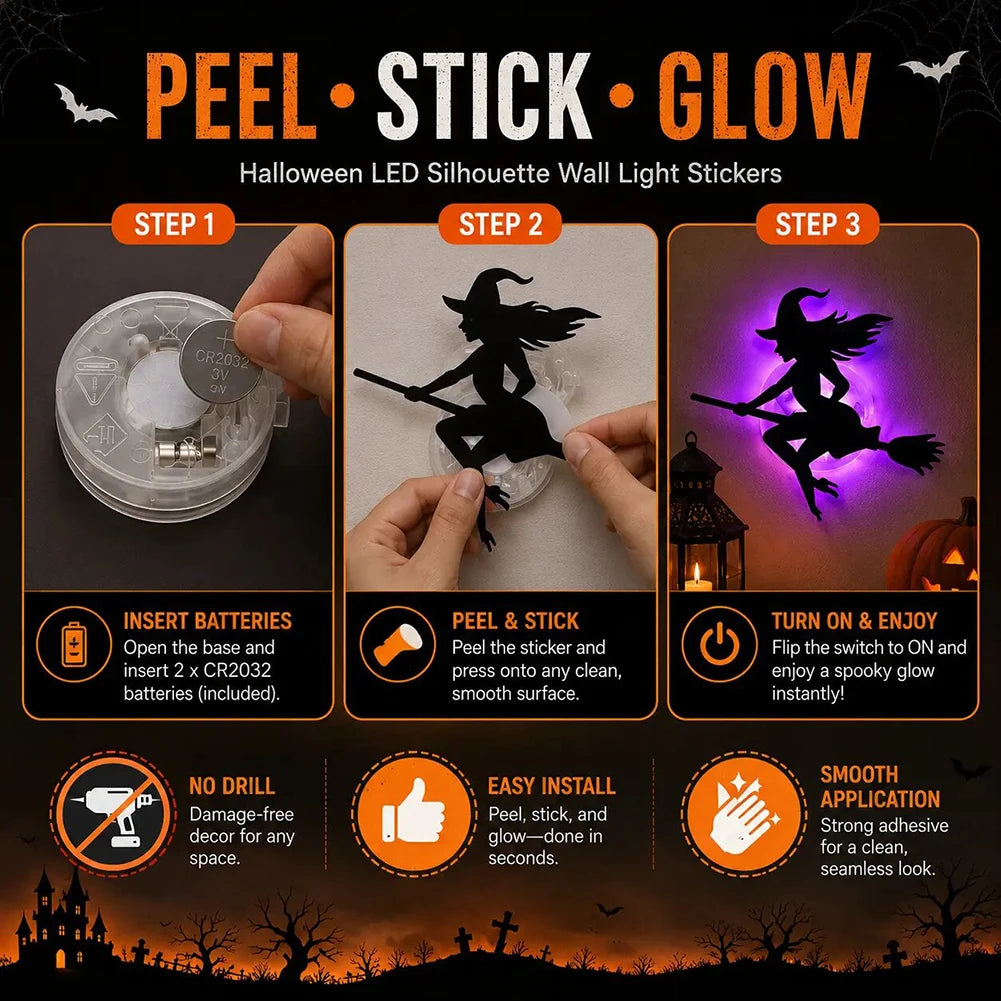 8pcs Halloween LED-Silhouette Wall Light Stickers Glow-In-The-Dark Bats Spiders Wall Decor Spookys Pumpkins Spiders Tree Decor