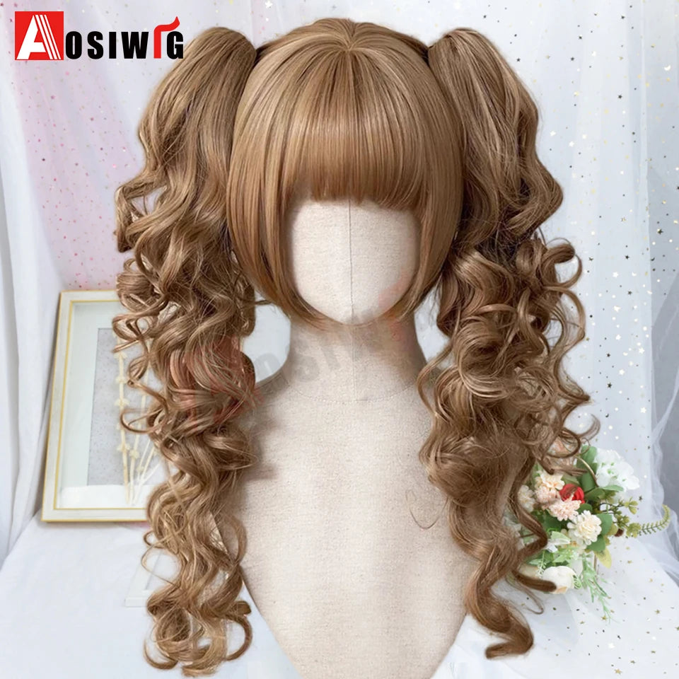Synthetic Princess Cut Double Ponytail Lolita Wig with Bangs Girl Ombre Blonde Brown White Gray Cosplay Halloween Harajuku Wig