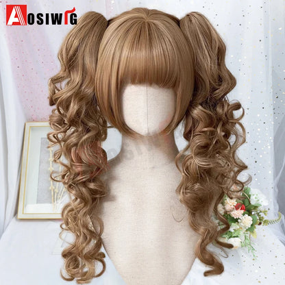 Synthetic Princess Cut Double Ponytail Lolita Wig with Bangs Girl Ombre Blonde Brown White Gray Cosplay Halloween Harajuku Wig