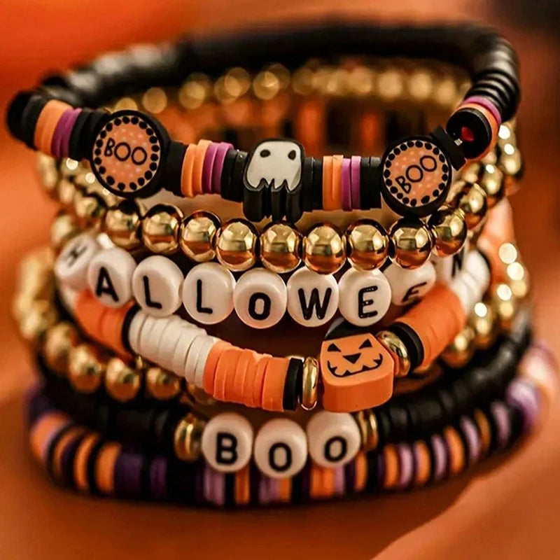 FTCY 7pcs Halloween Bracelet for Men Women Retro Spooky Pumpkin Polymer Clay Beaded Bracelet Set Cosplay Party Jewelry Gift
