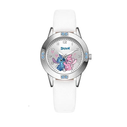 Disney Stitch Girl's Watches Diamond Quartz Watch for Women Stich Cartoon Leather Wristwatches Fashion Steel Belt Watch Gift