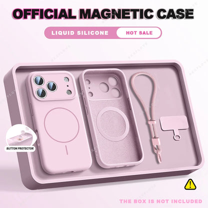 Magnetic Wrist Strap Liquid Silicone Phone Case For iPhone 11 12 13 16 17 Pro Max Air 15 14 16 Plus 16E Magsafe Lanyard Cover