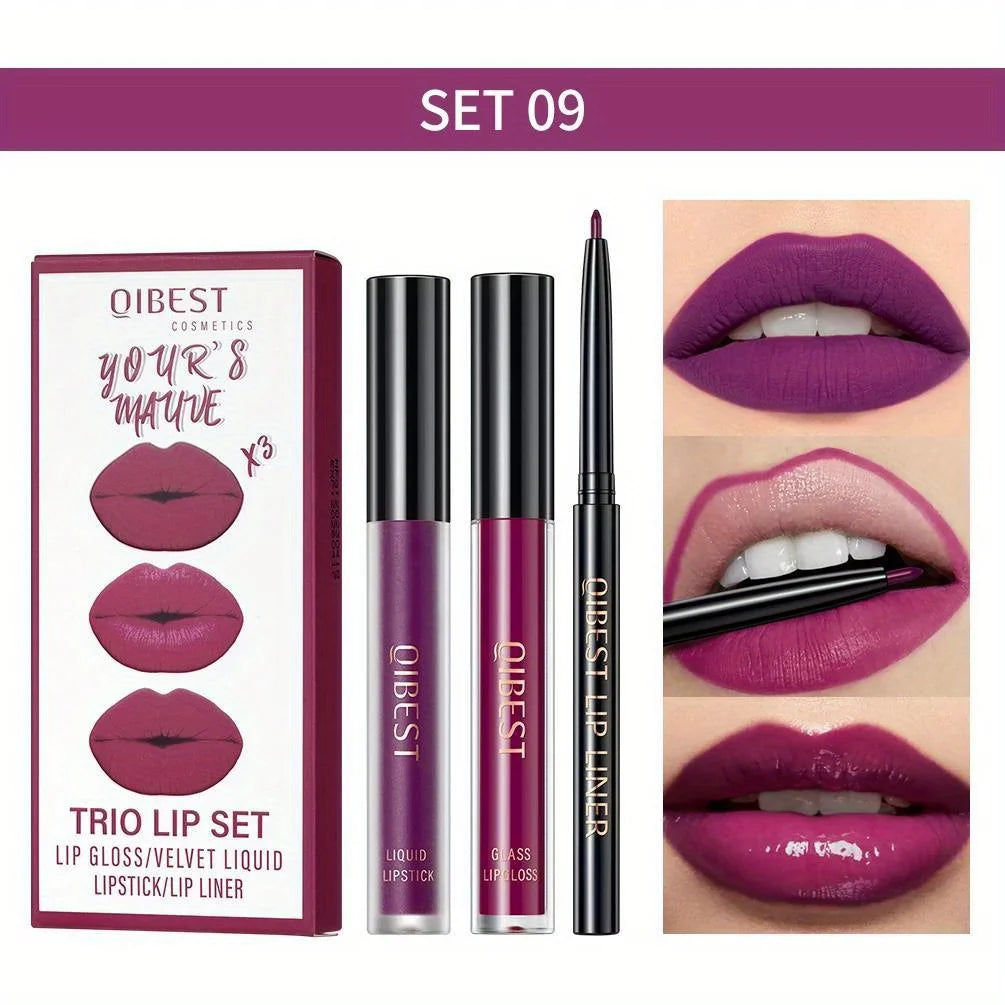 3 in 1 Lipstick and Lipliner Set, Long Lasting Waterproof Lip Stain Liquid Lipgloss Set for Women Halloween Gothic Makeup