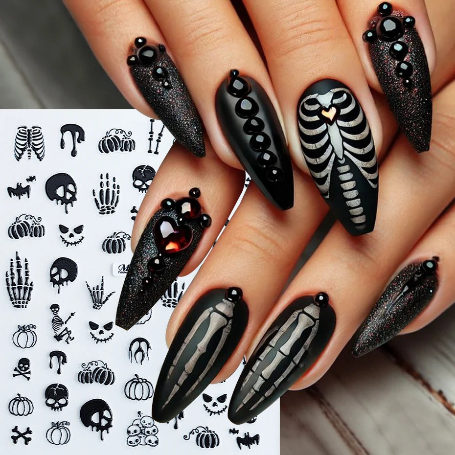 4 pcs 5D Embossed Gothic Skeleton Bones Nail Decals Horror Pumpkin Evil Smile Nail Stickers Y2K Halloween Carnival Nail Supplies