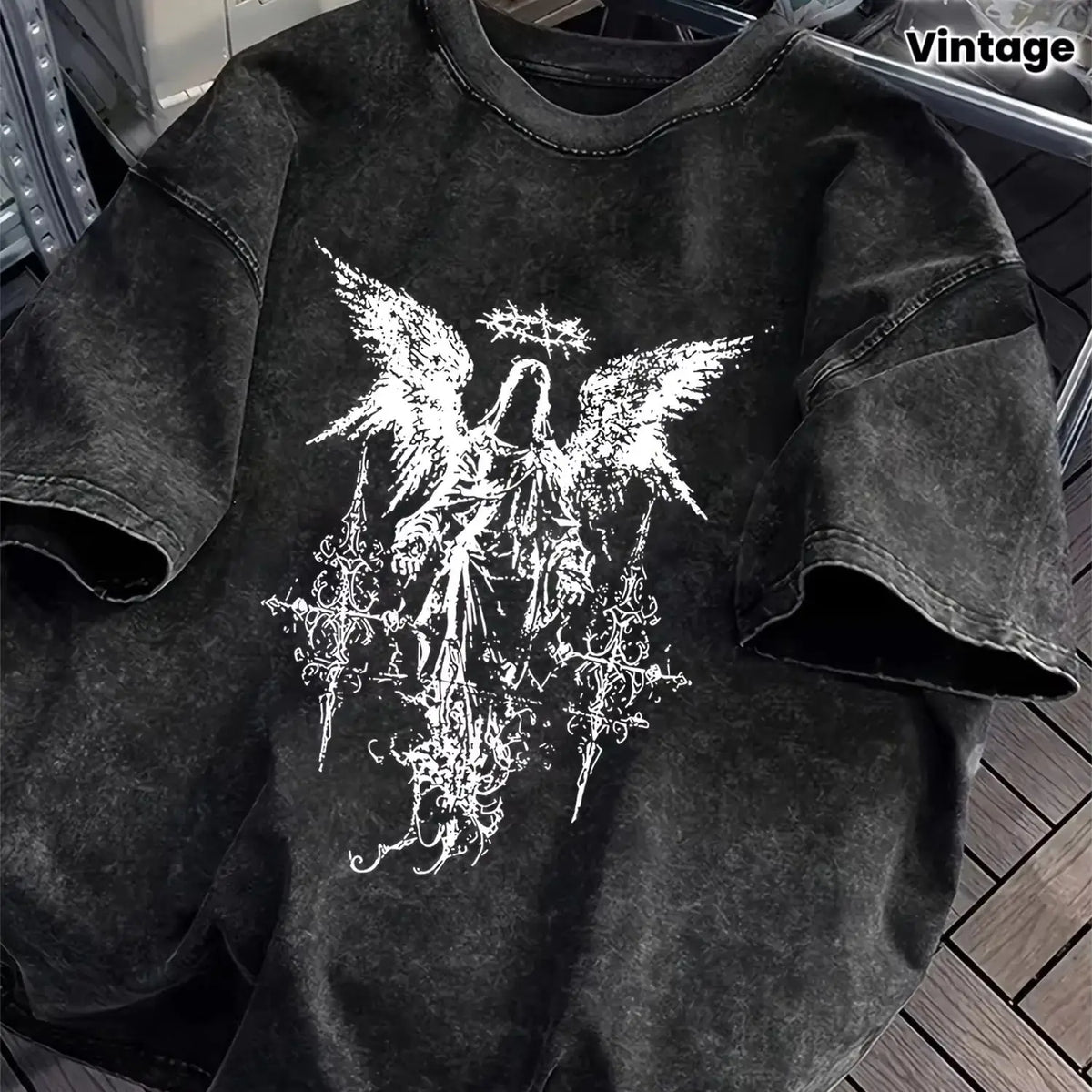 Men's Gothic Heavyweight Cotton T-Shirt - Drop Shoulder Oversized Streetwear Tee with Dark Angel Graphic