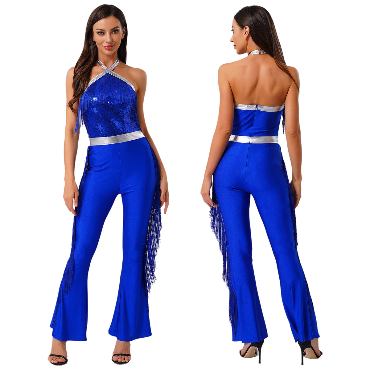 Women 70-80s Disco Latin Jazz Dance Cha-cha Bodysuit Shiny Sequin Tassel Jumpsuit Halloween Carnival Cosplay Performance Costume