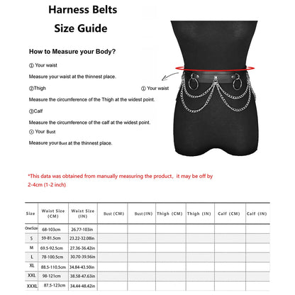 Women Punk Gothic PU Leather Waist‑Thigh Harness Garter Belt, Adjustable Chain Decor Accessory for Rave Festival Halloween Outfi