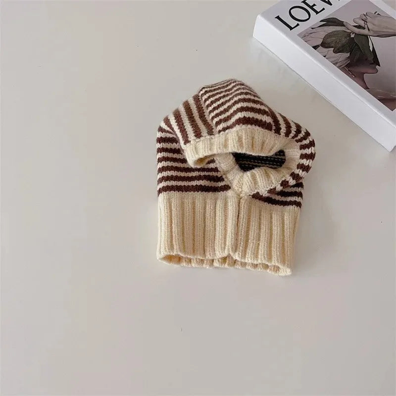 Homefish Winter Korean Fashion Children Baby Knit Hooded Scarf Caps Warm Stripe One Piece Hat Kids Accessories