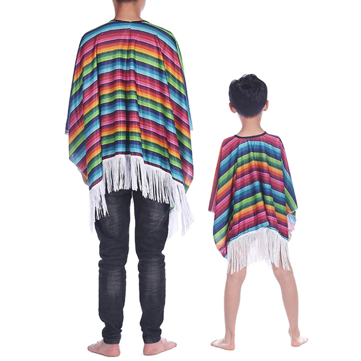 Kid Adult Mexican Party Costume Colorful Cloak Poncho Sombrero Hat Sunglasses Mustache Set for Mexican Fiesta Halloween Carnival