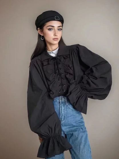 Zadily Women's Gothic Victorian Shirt Prince Vampire Poet Blouse 2026 Autumn Medieval Renaissance Pullover Frilled Buccaneer Top