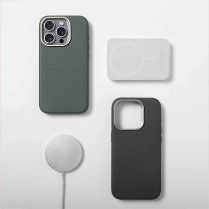 Luxury Alloy Lens Frame Particle PU Leather Magnetic Case For iPhone 18 17 16 Pro Max 15 14 13 For Magsafe Wireless Charge Cover