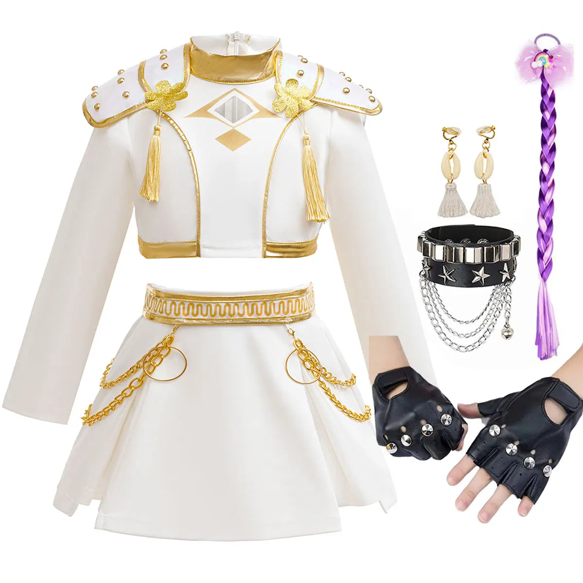 2026 New Halloween Carnival Theme Party Girls Cosplay Fashion Cute White Long Sleeves Dress + Accessories Set 3-10 Years Old
