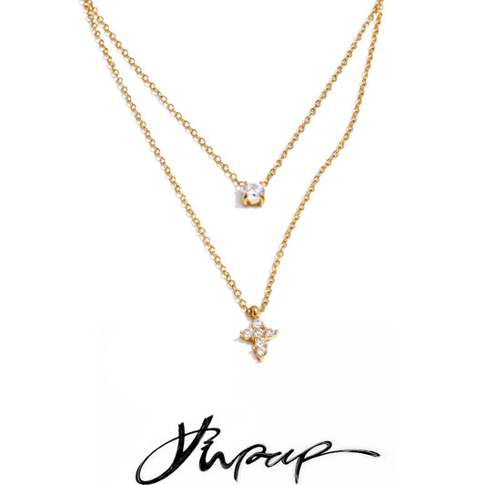 Yhpup High Quality Double-Layer Chain Zirconia Cross Pendant Delicate Necklace Stainless Steel Temperament Fashion Gift Jewelry