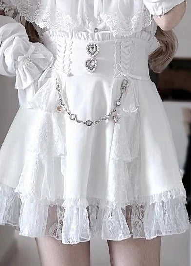 Japanese Sweet Lolita Style Mini Skirt Women Elegant Lace Bandage Party Cake Skirts Female Gothic Y2k Metal Buckle Skirt