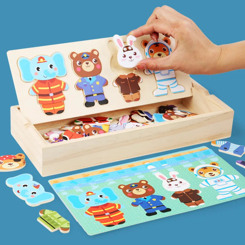 QWZ Little Bear Change Clothes Children's Early Education Wooden Jigsaw Puzzle Dressing Game Baby Puzzle Toys For Children Gift