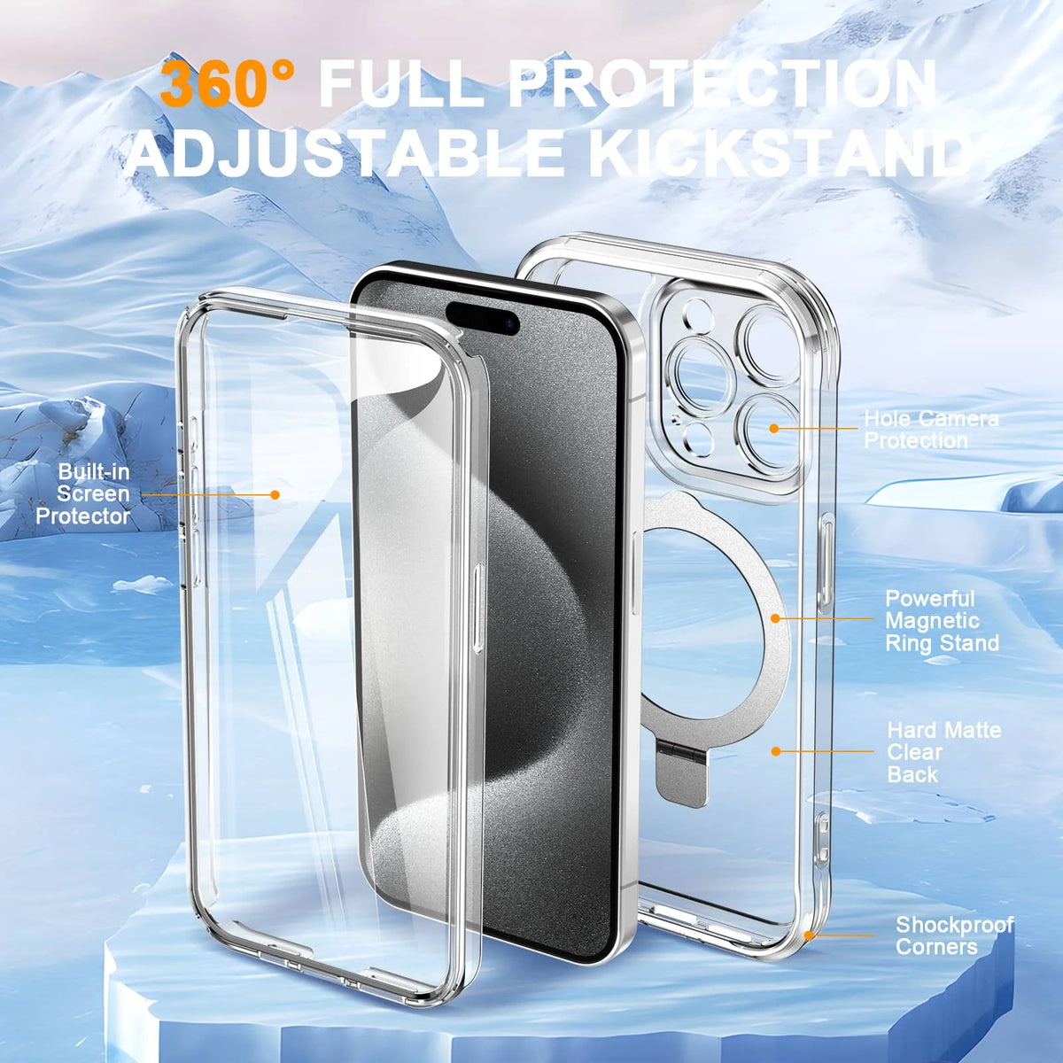 Case for iPhone 16/15/14/13 Pro Max 16 15 14 Plus, Built-in PET Screen Protector with Ring Holder Kickstand, Full Body Cover